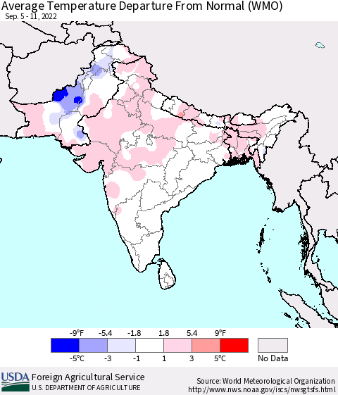 Southern Asia Average Temperature Departure from Normal (WMO) Thematic Map For 9/5/2022 - 9/11/2022
