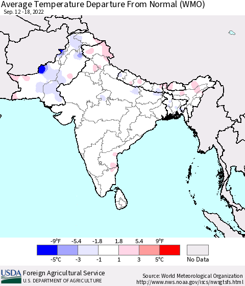 Southern Asia Average Temperature Departure from Normal (WMO) Thematic Map For 9/12/2022 - 9/18/2022