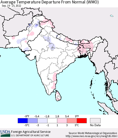 Southern Asia Average Temperature Departure from Normal (WMO) Thematic Map For 9/19/2022 - 9/25/2022