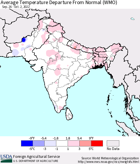 Southern Asia Average Temperature Departure from Normal (WMO) Thematic Map For 9/26/2022 - 10/2/2022