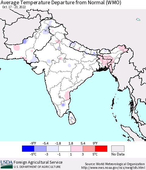 Southern Asia Average Temperature Departure from Normal (WMO) Thematic Map For 10/17/2022 - 10/23/2022