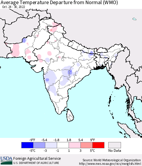 Southern Asia Average Temperature Departure from Normal (WMO) Thematic Map For 10/24/2022 - 10/30/2022