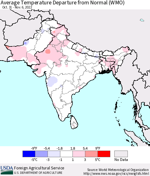 Southern Asia Average Temperature Departure from Normal (WMO) Thematic Map For 10/31/2022 - 11/6/2022