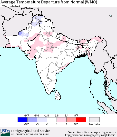 Southern Asia Average Temperature Departure from Normal (WMO) Thematic Map For 11/7/2022 - 11/13/2022