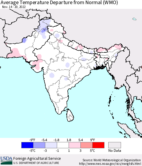 Southern Asia Average Temperature Departure from Normal (WMO) Thematic Map For 11/14/2022 - 11/20/2022