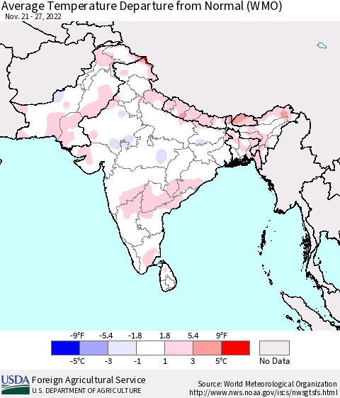Southern Asia Average Temperature Departure from Normal (WMO) Thematic Map For 11/21/2022 - 11/27/2022