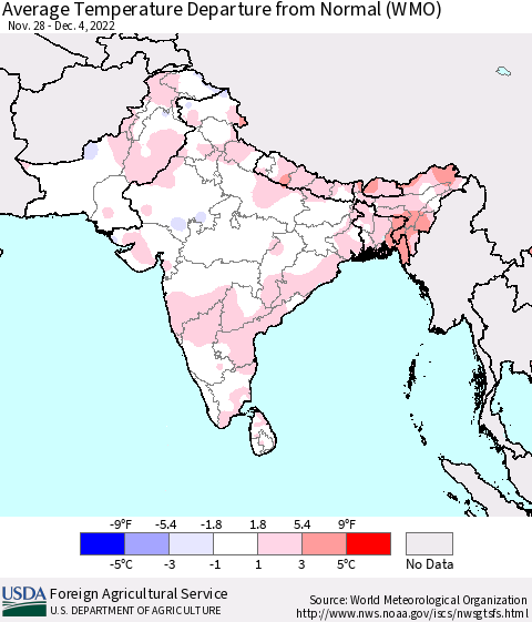 Southern Asia Average Temperature Departure from Normal (WMO) Thematic Map For 11/28/2022 - 12/4/2022