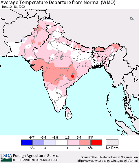 Southern Asia Average Temperature Departure from Normal (WMO) Thematic Map For 12/12/2022 - 12/18/2022