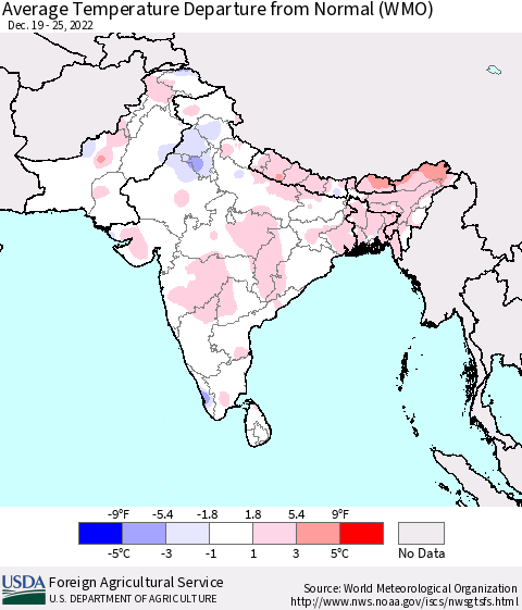 Southern Asia Average Temperature Departure from Normal (WMO) Thematic Map For 12/19/2022 - 12/25/2022