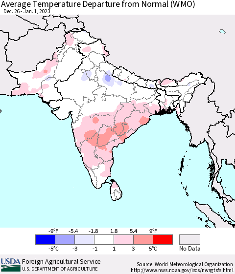 Southern Asia Average Temperature Departure from Normal (WMO) Thematic Map For 12/26/2022 - 1/1/2023
