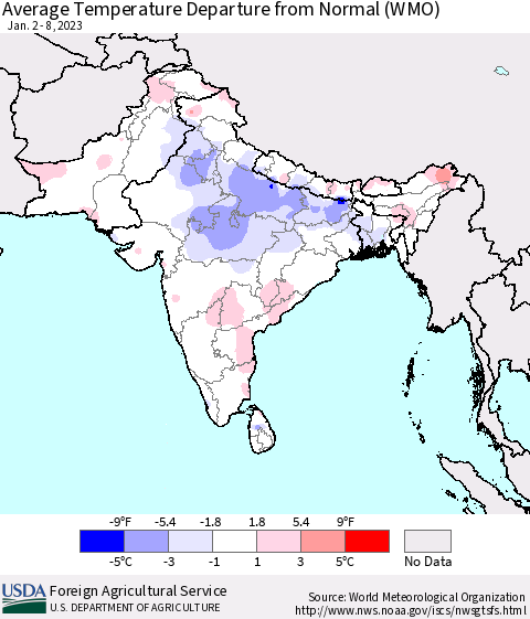 Southern Asia Average Temperature Departure from Normal (WMO) Thematic Map For 1/2/2023 - 1/8/2023