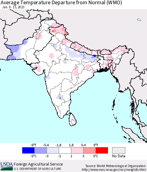 Southern Asia Average Temperature Departure from Normal (WMO) Thematic Map For 1/9/2023 - 1/15/2023