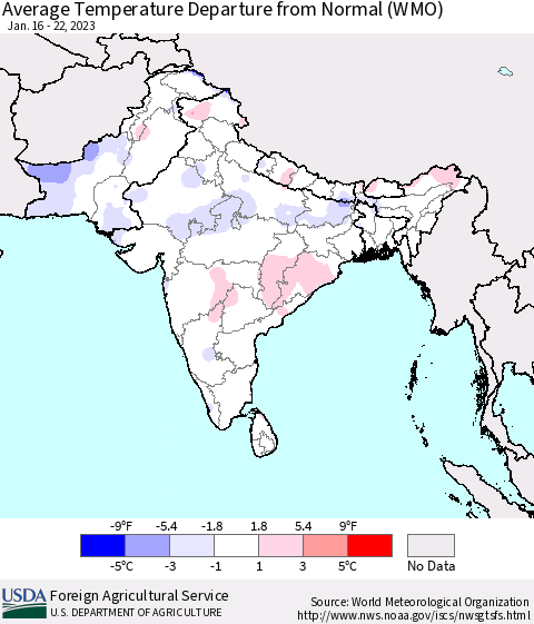 Southern Asia Average Temperature Departure from Normal (WMO) Thematic Map For 1/16/2023 - 1/22/2023