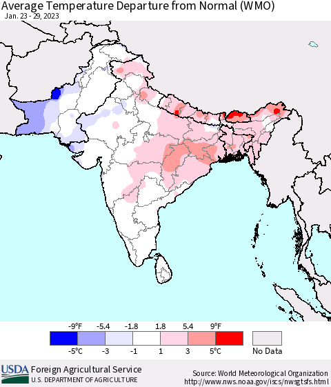 Southern Asia Average Temperature Departure from Normal (WMO) Thematic Map For 1/23/2023 - 1/29/2023