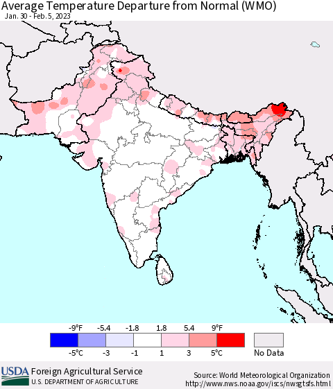 Southern Asia Average Temperature Departure from Normal (WMO) Thematic Map For 1/30/2023 - 2/5/2023