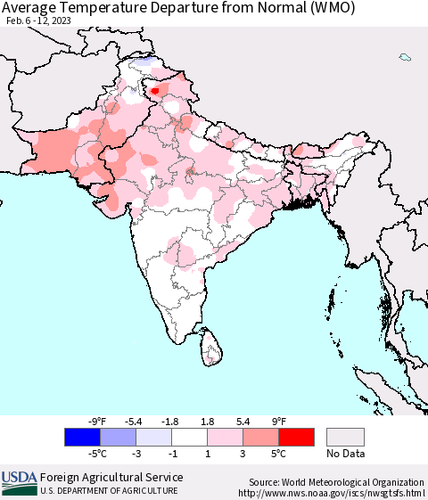 Southern Asia Average Temperature Departure from Normal (WMO) Thematic Map For 2/6/2023 - 2/12/2023
