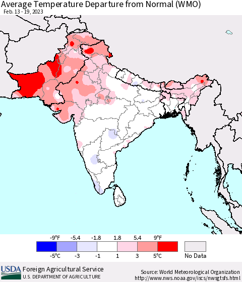 Southern Asia Average Temperature Departure from Normal (WMO) Thematic Map For 2/13/2023 - 2/19/2023