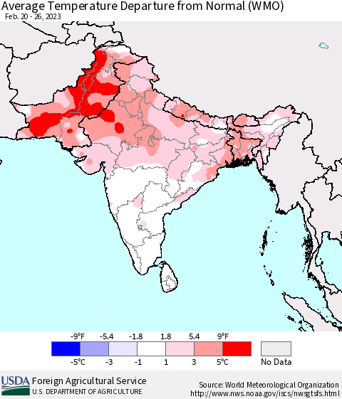 Southern Asia Average Temperature Departure from Normal (WMO) Thematic Map For 2/20/2023 - 2/26/2023