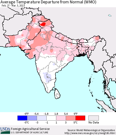 Southern Asia Average Temperature Departure from Normal (WMO) Thematic Map For 2/27/2023 - 3/5/2023