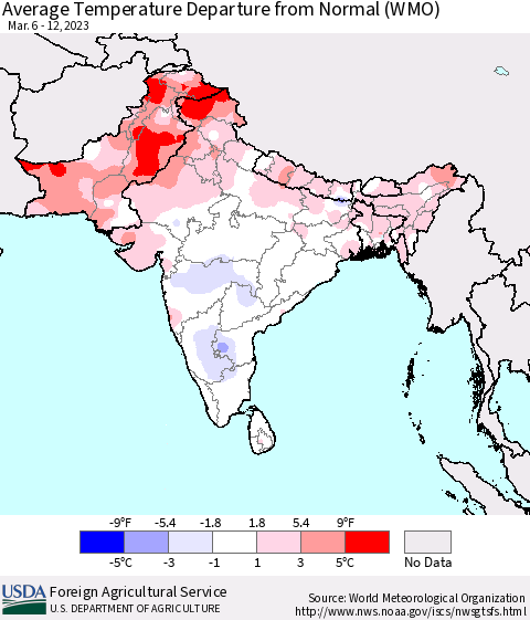 Southern Asia Average Temperature Departure from Normal (WMO) Thematic Map For 3/6/2023 - 3/12/2023