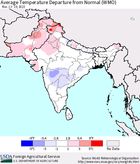 Southern Asia Average Temperature Departure from Normal (WMO) Thematic Map For 3/13/2023 - 3/19/2023
