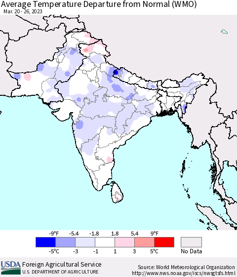 Southern Asia Average Temperature Departure from Normal (WMO) Thematic Map For 3/20/2023 - 3/26/2023