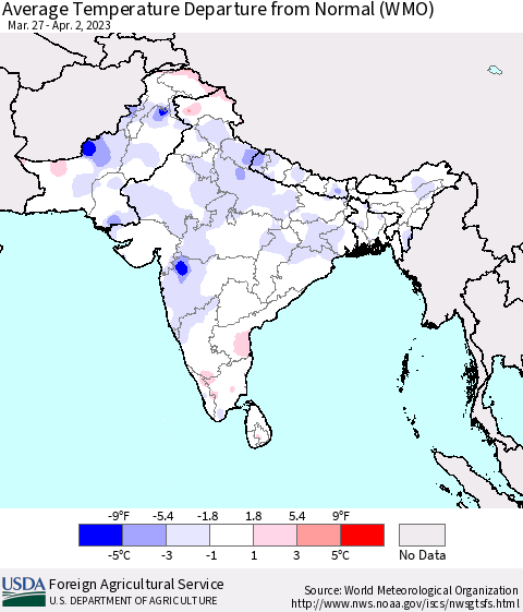 Southern Asia Average Temperature Departure from Normal (WMO) Thematic Map For 3/27/2023 - 4/2/2023