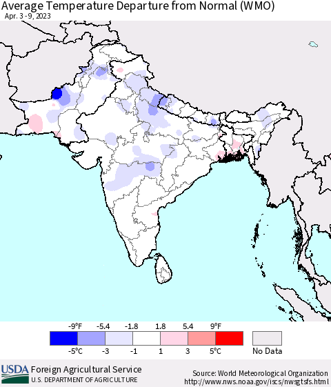 Southern Asia Average Temperature Departure from Normal (WMO) Thematic Map For 4/3/2023 - 4/9/2023