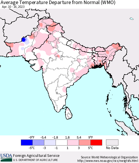 Southern Asia Average Temperature Departure from Normal (WMO) Thematic Map For 4/10/2023 - 4/16/2023