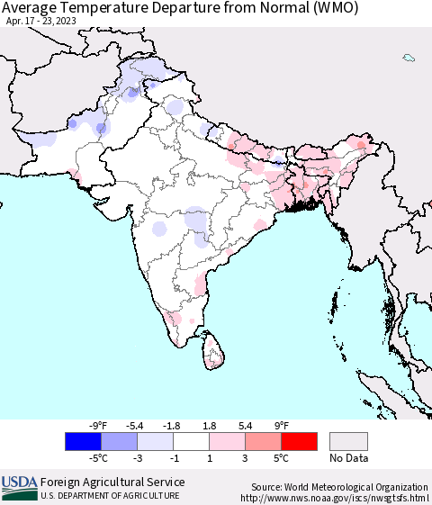 Southern Asia Average Temperature Departure from Normal (WMO) Thematic Map For 4/17/2023 - 4/23/2023