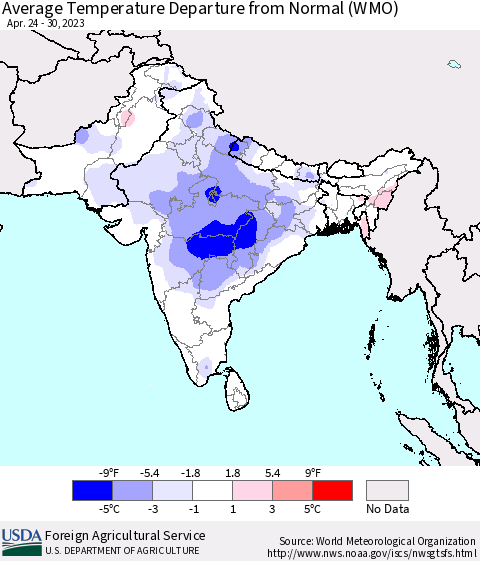 Southern Asia Average Temperature Departure from Normal (WMO) Thematic Map For 4/24/2023 - 4/30/2023