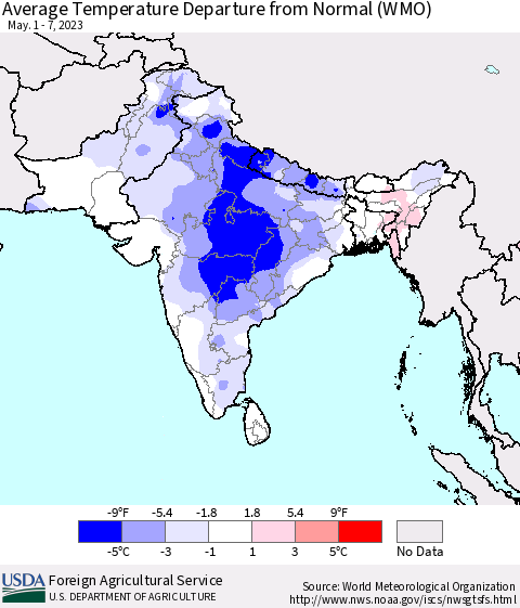 Southern Asia Average Temperature Departure from Normal (WMO) Thematic Map For 5/1/2023 - 5/7/2023