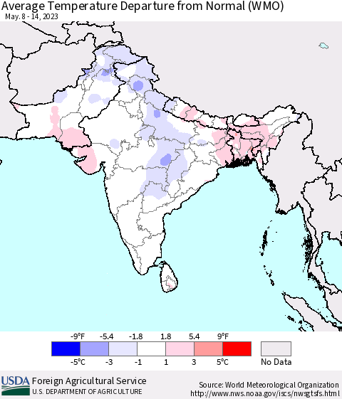 Southern Asia Average Temperature Departure from Normal (WMO) Thematic Map For 5/8/2023 - 5/14/2023