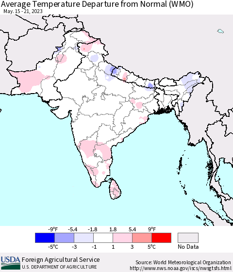 Southern Asia Average Temperature Departure from Normal (WMO) Thematic Map For 5/15/2023 - 5/21/2023