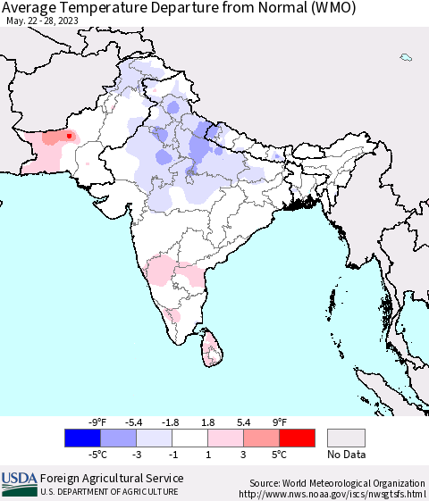 Southern Asia Average Temperature Departure from Normal (WMO) Thematic Map For 5/22/2023 - 5/28/2023