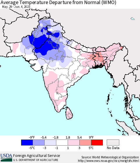 Southern Asia Average Temperature Departure from Normal (WMO) Thematic Map For 5/29/2023 - 6/4/2023