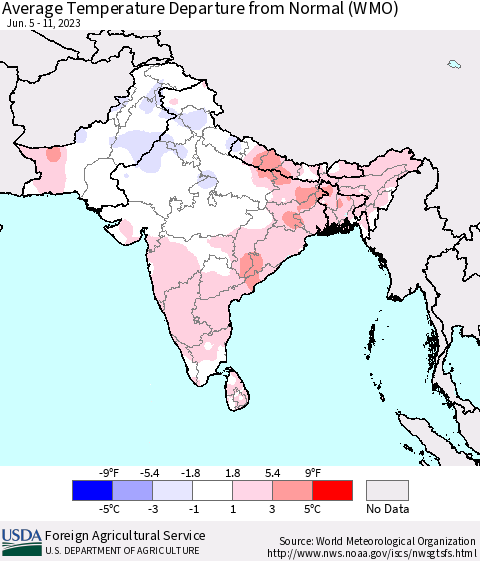 Southern Asia Average Temperature Departure from Normal (WMO) Thematic Map For 6/5/2023 - 6/11/2023