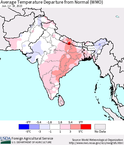 Southern Asia Average Temperature Departure from Normal (WMO) Thematic Map For 6/12/2023 - 6/18/2023
