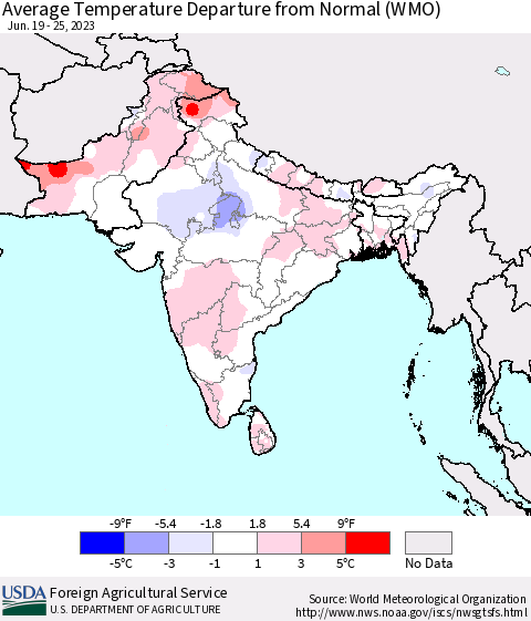 Southern Asia Average Temperature Departure from Normal (WMO) Thematic Map For 6/19/2023 - 6/25/2023
