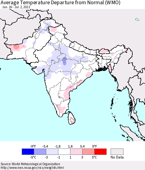Southern Asia Average Temperature Departure from Normal (WMO) Thematic Map For 6/26/2023 - 7/2/2023