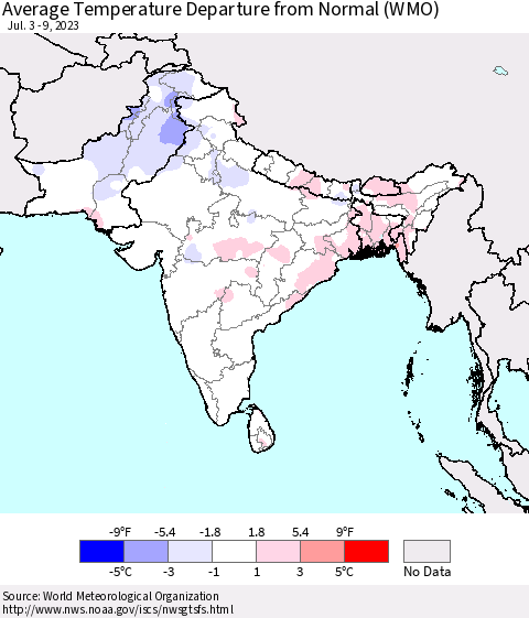 Southern Asia Average Temperature Departure from Normal (WMO) Thematic Map For 7/3/2023 - 7/9/2023