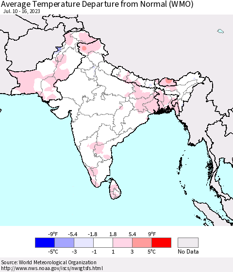 Southern Asia Average Temperature Departure from Normal (WMO) Thematic Map For 7/10/2023 - 7/16/2023