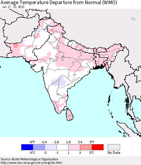 Southern Asia Average Temperature Departure from Normal (WMO) Thematic Map For 7/17/2023 - 7/23/2023