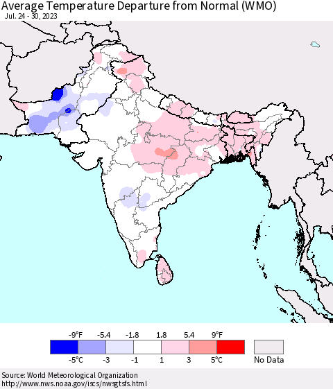 Southern Asia Average Temperature Departure from Normal (WMO) Thematic Map For 7/24/2023 - 7/30/2023