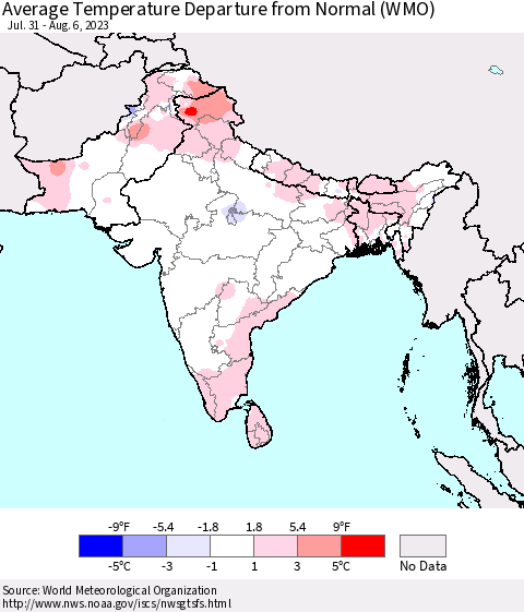 Southern Asia Average Temperature Departure from Normal (WMO) Thematic Map For 7/31/2023 - 8/6/2023