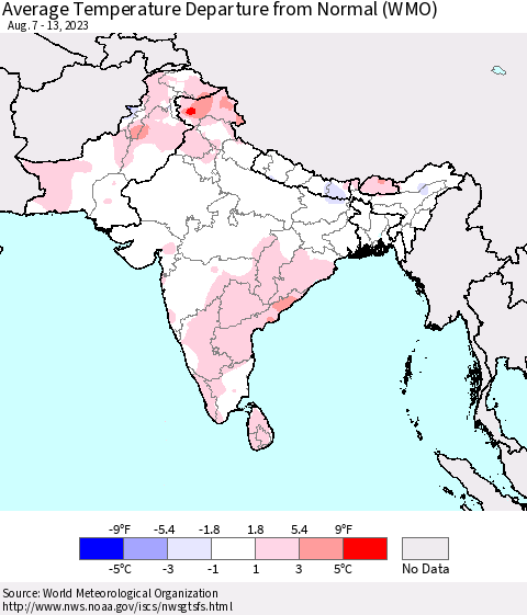 Southern Asia Average Temperature Departure from Normal (WMO) Thematic Map For 8/7/2023 - 8/13/2023