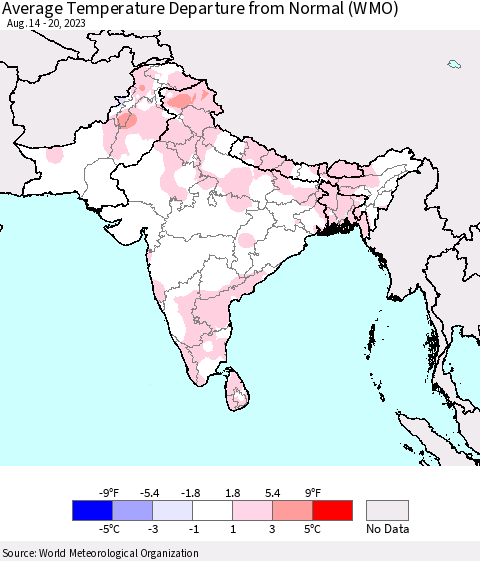 Southern Asia Average Temperature Departure from Normal (WMO) Thematic Map For 8/14/2023 - 8/20/2023
