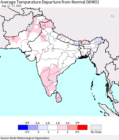 Southern Asia Average Temperature Departure from Normal (WMO) Thematic Map For 8/21/2023 - 8/27/2023