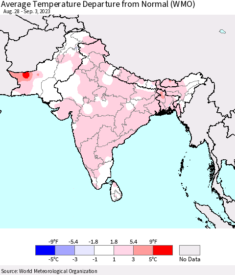 Southern Asia Average Temperature Departure from Normal (WMO) Thematic Map For 8/28/2023 - 9/3/2023