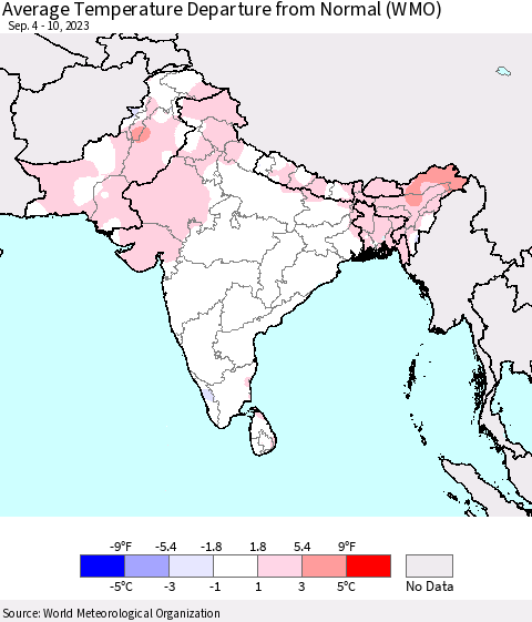 Southern Asia Average Temperature Departure from Normal (WMO) Thematic Map For 9/4/2023 - 9/10/2023